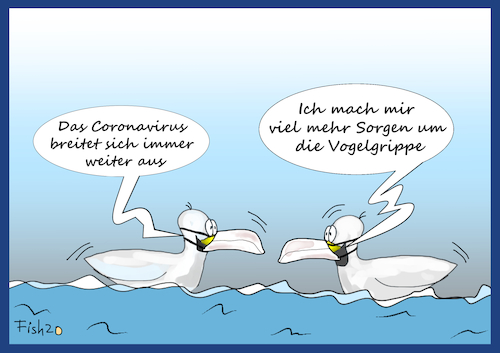 Cartoon: Coronavirus (medium) by Fish tagged coronavirus,virus,corona,vogelgrippe,grippe,möve,vogel,vögel,meer,sorgen,krank,krankheit,ausbreitung,epedemie,pandemie,china