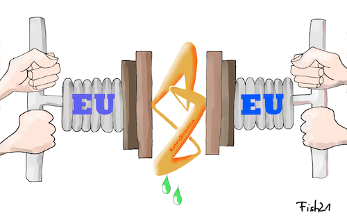 Cartoon: Druck auf AstraZenica (medium) by Fish tagged astrazenica,impfstoff,lieferengpass,lieferungen,ausbleibende,reduzierte,impfdosen,eu,druck,schraubstock