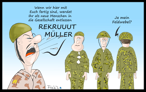 Cartoon: dumme Rekruten (medium) by Fish tagged soldaten,dick,dumm,schwach,schwächer,dümmer,dicker,rekruten,bundeswehr,wehrbeauftragter,verteidigung,wehrauftrag,bartels,hans,peter