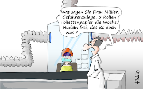 Cartoon: Einkauf I (medium) by Fish tagged corona,einkauf,verkäufer,verkäuferinnen,zulage,gehalt,gefahrenzulage,urlaub,covid19,einzelhandel,toilettenpapie,nudeln,mehl,hamsterkäufe,virus,tod,seuche,pandemie,epidemie,fish