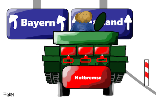 Cartoon: Einmarsch der Notbremse (medium) by Fish tagged notbremse,infektionsschutzgesetz,kanzler,corona,mpk,laschet,söder,lockdownsaarland,modellversuch,einmarsch,panzer,grenze,cdu,csu,spd,autobahn