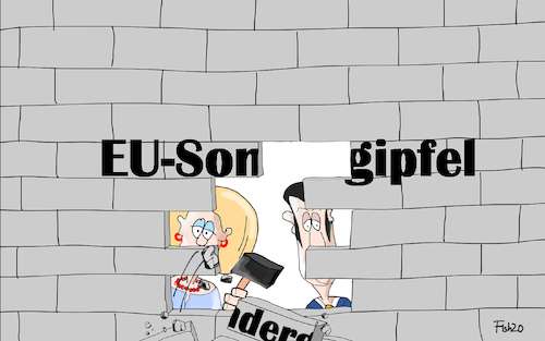 Cartoon: EU-Sondergipfel (medium) by Fish tagged eu,corona,sondergipfel,gipfel,sparsame,vier,fünf,darlehn,kredite,zuschuss,finanzen,rückzahlung,hilfe,merkel,angele,emanuel,macron,deutschland,frankreich,niederlange,österreich,dänemark,finnland,verhandlungen