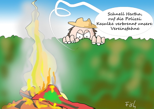 Cartoon: Fahnenverbrennung (medium) by Fish tagged fahnen,flaggen,verbrennen,feuer,demonstrationen,staaten,länder,hocheitszeichen,nachbarschaft,garten,kleingärtner,klgv,kleingartenverein