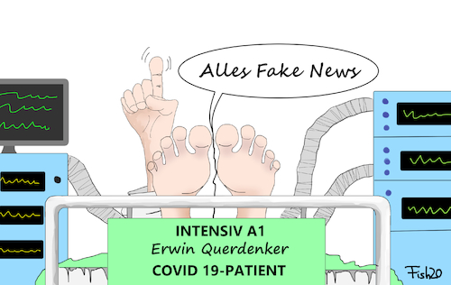 Cartoon: Fake News (medium) by Fish tagged querdenker,erwin,corona,leugner,kleine,grippe,krankenhaus,beatmung,itensivstation,patient,bett,lockdown,demonstration,masken,maskenverweigerer,afd