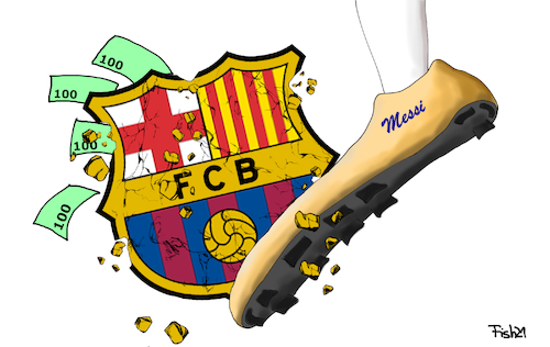 Cartoon: FC Barcelona insolvent (medium) by Fish tagged fussball,messi,fc,barcelona,gehälter,insolvenz,schulden,fussballer,wappen,fussballschuh,gehaltsobergrenze,financial,fair,play,verein,fussballverein,spieler