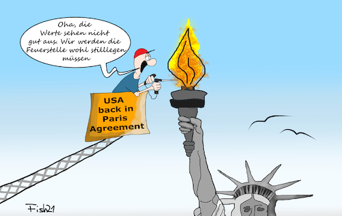 Cartoon: Feuerstellenprüfung (medium) by Fish tagged pariser,klimaabkommen,paris,agreement,klima,biden,trump,geld,austritt,beitritt,freiheitsstatue,feuer,fackel,feuerstelle,prüfung,hubkrahn,techniker,stilllegen,werte,messwerte,messgerät,co2,ausstoßß,luftverschmutzung,umweltverschmutzung