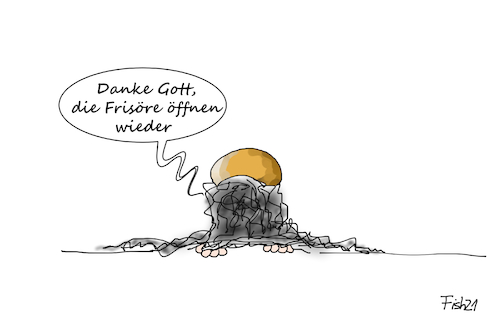 Cartoon: Frisöre öffnen wieder (medium) by Fish tagged frisöre,corona,öffnung,öffnen,lockdown,lockerungen,covid,19,pandemie,gott,beten,haare,lange,schneiden,frisur,cdu,spd,kanzleramt,beschlüsse