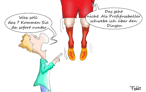 Cartoon: Fussballer schweben (medium) by Fish tagged fussballer,sonderregeln,corona,test,impfen,schweben,über,den,dingen,quarantäne,maskenpflicht,rummenigge,fc,bayern,münchen,lockdown,flick,hansi,lauterbach,karl