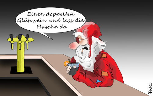 Cartoon: Glühwein (medium) by Fish tagged glühwein,corona,weihnachten,weihnachtsmann,bar,kneipe,trinken,besoffen,rausch,penner,doppelten,flasche,covid,19,pandemie,lockdown