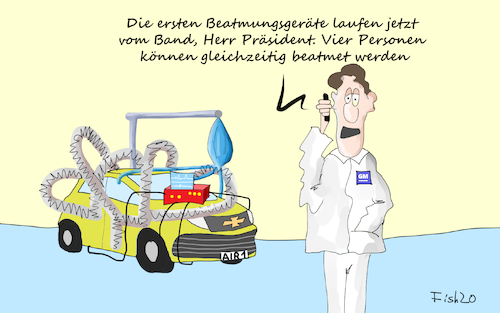 Cartoon: GM baut Beatmungsgeräte (medium) by Fish tagged gm,general,motors,defence,produktion,act,trump,usa,corona,covid19,pandemie,epidemie,seuche,ansteckung,tod