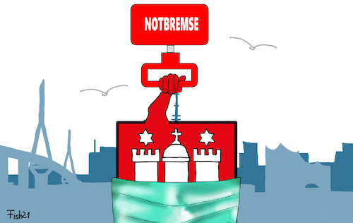 Cartoon: Hamburg zieht die Notbremse (medium) by Fish tagged hamburg,notbremse,inzidenzwert,fallzahlen,hundert,100,ansteckung,lockerungen,öffnungen,lockdown,tschentscher,senat,hh,maske,wappen,burg