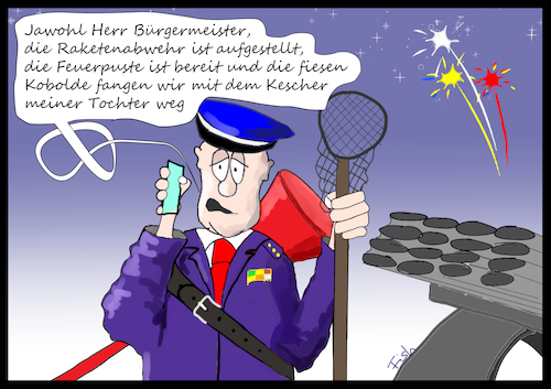 Cartoon: Hamburgs Innenstadt ohne Böller (medium) by Fish tagged silvester,hamburg,böller,feuerwerk,verbot,innenstadt,bürgermeister,raketen,kobold,kescher,tochter,feuerpuste,polizei,raketenabwehr