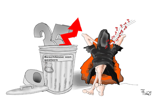 Cartoon: Hauptsache locker (medium) by Fish tagged lockerungen,öffnungen,inzidenzwert,100,notbremse,mpk,merkle,spahn,scholz,cdu,spd,csu,söder,mülltonne,fallzahlen,corona,tod