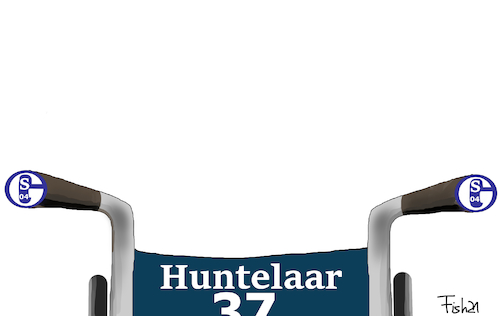 Cartoon: Huntelaar hilft (medium) by Fish tagged fussball,huntelaar,klaas,jan,wechsel,fc,schalke,04,abstieg,hilfe,rollstuhl,bundesliga,erste,liga