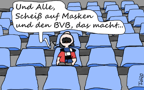 Cartoon: Hygiene-Konzept Stadion (medium) by Fish tagged fussball,dfl,stadion,fans,zuschauer,abstand,corona,ansteckung,welle,masken,hgiene,konzept,bvb,scheiss,gesang,fanlieder,fernsehgelder,werbung