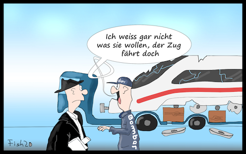 Cartoon: ICE mit Mängeln (medium) by Fish tagged deutsche,bahn,ice,zug,sattelschlepper,technische,fehler,bombardier,verkehrsnetz,schienenvekehr,mängel