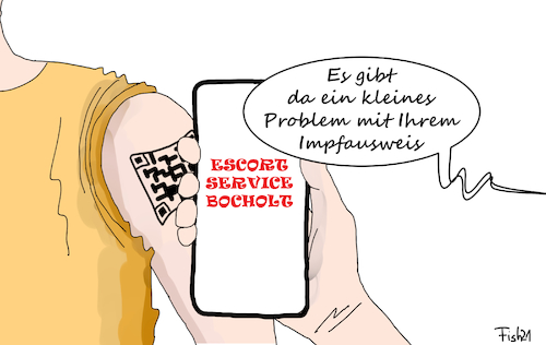 Cartoon: Impfausweis (medium) by Fish tagged impfausweis,fälschung,corona,pandemie,tätowierung,tatoo,qr,code,handy,app,escort,service,bocholt