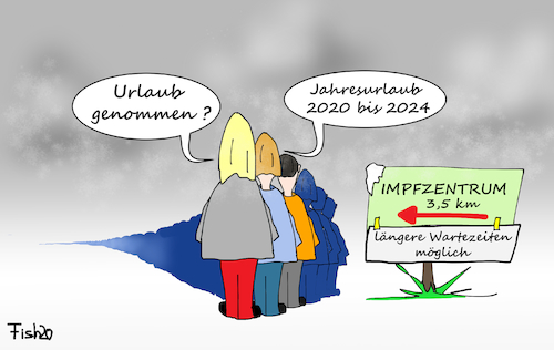 Cartoon: Impfen geht los (medium) by Fish tagged impfen,impfzentrum,spritze,krankenhaus,biontech,moderna,astrazeneca,pfizer,warteschlange,wartezeit,urlaub,jahresurlaub,überlastung,kapazitäten,lockdown,beschränkungen,ansteckung,masken