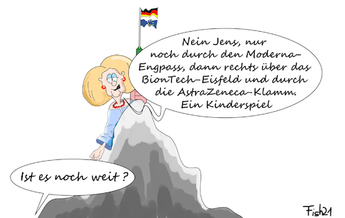 Cartoon: Impfgipfel (medium) by Fish tagged corona,covid,19,impfgipfel,moderna,astrazeneca,biontech,impfstoff,lieferengpass,liefermenge,streit,eu,bestellungen,vertrag,best,effort,angela,merkel,jens,spahn,ursula,von,der,leyen,engpass,eisfeld,klamm,gipfle,gebirge,klettern,spritze,impfen