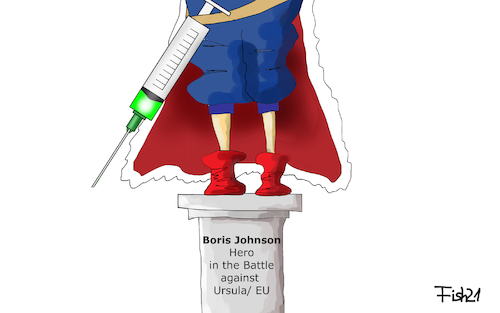 Cartoon: Impfheld Boris (medium) by Fish tagged corona,covid,19,pandemie,impfen,impfdosis,liefermengen,astrazeneca,moderna,biontech,pfizer,verzögerungen,spritze,denkmal,sockel,ursula,von,der,leyen,hero,schlacht,battle