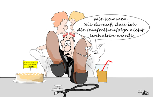 Cartoon: Impfreihenfolge (medium) by Fish tagged corona,impfen,reihenfolge,covid,19,biontech,pfizer,astrazeneca,moderna,hausärzte,impfzentrum,kuchen,leichte,damen,praxis,arzt,impfstoffmangel,cdu,spd