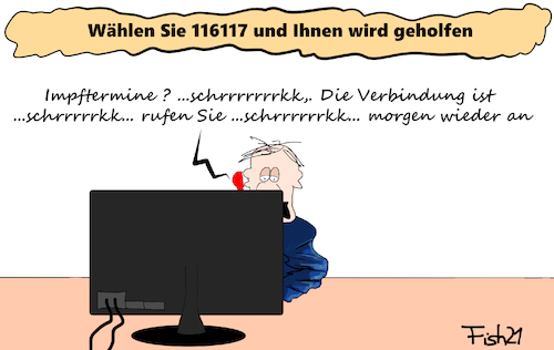 Cartoon: Impftermine (medium) by Fish tagged impfen,termin,termine,impfzentrum,callcenter,spritzen,corona,covid,19,biontech,pfizer,moderna,astrazeneca,sputnik,sinovac,116117,online,hotline,buchen,störung,telefon,defekt,telefonstörung