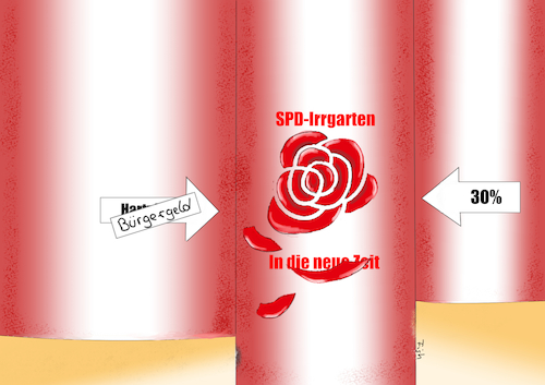 Cartoon: In die neue Zeit (medium) by Fish tagged spd,programm,saskia,esken,norbert,walter,borjans,groko,koalition,regierung,irrgarten,neu,zeit