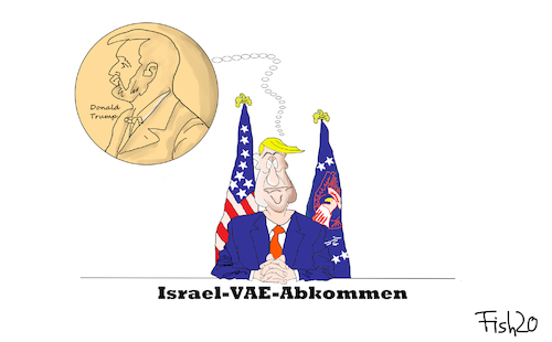 Cartoon: Israel VAE-Abkommen (medium) by Fish tagged usa,trump,nobel,alfred,donald,nobelpreis,für,frieden,friedensnobelpreis,israel,vae,vereinigte,arabische,emirate,nahost,krieg,araber,palästina,palästinenser,netanyahu,benjamin