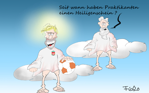 Cartoon: Jürgen Klopp Fussballgott (medium) by Fish tagged fc,liverpool,jürgen,klopp,fussball,england,premier,league,footbal,coming,home,wolke,gott,heiligenschein,praktikant,bvb,fish,geisterspiele,himmel