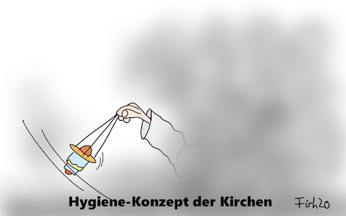 Cartoon: Kirchen öffnen wieder (medium) by Fish tagged kirche,messe,katholiken,pastor,weihrauch,predigt,andacht,corona,abstand,ausräuchern,messdiener