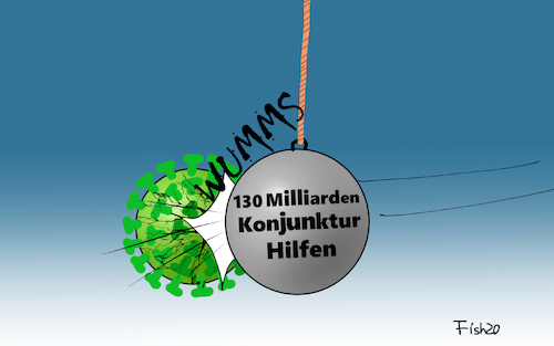 Cartoon: Konjunktur WUMMS (medium) by Fish tagged konjunktur,130,milliarden,wirtschaft,hilfen,kredite,bürgschaften,zuschüsse,bundesregierung,groko,merkel,scholz,cdu,csu,spd,fish