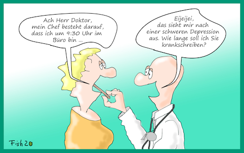 Cartoon: Krankschreibungen nehmen zu (medium) by Fish tagged krank,krankschreibungen,arbeitsunfähigkeit,au,chef,beschwerden,psyche,faul,faulheit,arbeit,kollegen,arzt