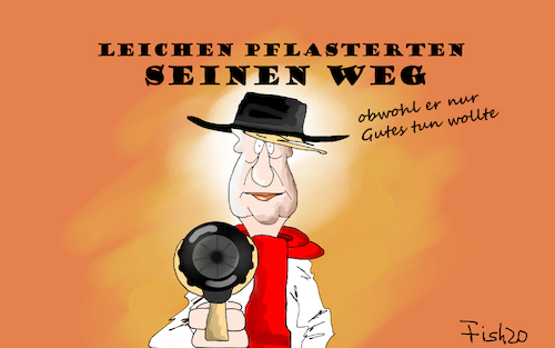 Cartoon: Leichen pflasterten seinen Weg (medium) by Fish tagged corona,covid,19,erkrankung,tod,todesfälle,ansteckung,pandemie,trump,usa,verharmlosung,leichen,pflasterten,weg,revolver,hut,cowboy