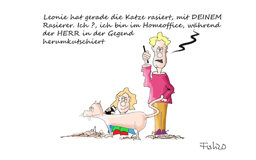 Cartoon: Leonie im Homeoffice (medium) by Fish tagged homeoffice,leonie,kind,betreuung,katze,rasieren,rasierer,handy,internet,wlan,corona,pandemie,epidemie,seuche,tod,ansteckung,abstand