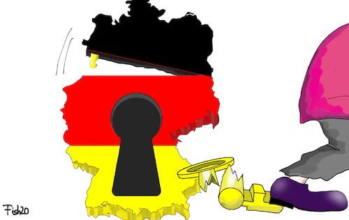 Cartoon: Lockdown (medium) by Fish tagged lockdown,deutschland,schlüssel,zerbrochen,strategie,nach,ersatzschlüssel,schloss,corona,ansteckung,pandemie,merkel,bundesregierung,schlüsselloch