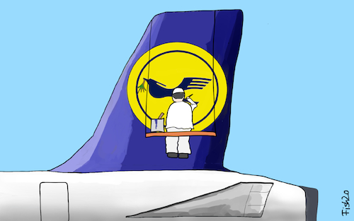 Cartoon: Lufthansa schluckt Kröte (medium) by Fish tagged lufthansa,auflagen,aufsichtsrat,kröte,corona,staatshilfen,lockerungen,urlaub,flugzeug,maler,lackierer,kranich,fish,eu,europäische,union