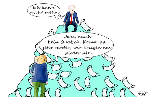 Cartoon: Maskenberge (medium) by Fish tagged jens,spahn,masken,maskenberg,angela,merkel,obdachlose,altenheime,senioren,certifizierung,unbrauchbare,ffp2