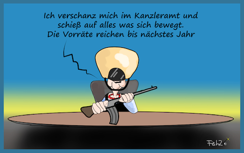 Cartoon: Merkel kämpft sich durch (medium) by Fish tagged angela,merkel,akk,annegret,kramp,karrenbauer,kampf,vorräte,schießen,bundeskanzlerin,kanzlerin,kanzleramt,verschanzen