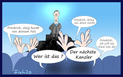 Cartoon: Merz als Erlöser (medium) by Fish tagged merz,friedrich,merkel,angela,akk,annegret,kramp,karrenbauer,kanzler,kanzlerkandidat,erlöser,kind,fels,blackrock,cdu,spd,groko,neuwahlen,werte,werteunion