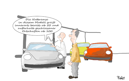 Cartoon: Notbremse ab 100 (medium) by Fish tagged notbremse,inzidenzwert,100,50,35,lockdown,lockerungen,auto,pkw,autohaus,verkäufer,geschwindigkeit,öffnungen,mpk,modell,merklel,spahn,scholz,cdu,csu,spd,söder