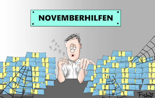 Cartoon: Novemberhilfen (medium) by Fish tagged corona,hilfen,software,november,lockdown,light,verluste,ausgleichgeld,unterstützung,novemberhilfen,soloselbständige,firmen,insolvenz