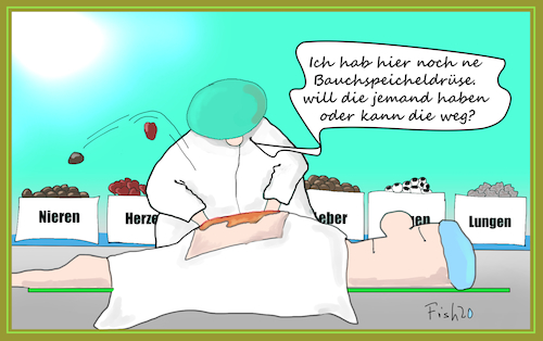Cartoon: Organspende (medium) by Fish tagged gesetz,bundestag,organ,spenden,leben,tod,widerspruch,widerspruchsloesung,bundesgesundheitsminister,jens,spahn,organspende,spende,gesundheit,operation,herz,nieren,lungen,leber,bauchspeicheldrüse,krankenhaus,spenderausweis
