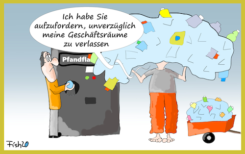 Cartoon: Pfandflaschen (medium) by Fish tagged hartz,iv,pfand,flaschen,pfandflaschen,erlöse,armut,sozialgericht,düsseldorf,grundsicherung,obdachlosigkeit,geschäftsräume