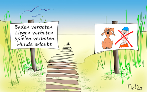 Cartoon: Pfingsten an die See (medium) by Fish tagged urlaub,ostsee,nordsee,lockerungen,pfingsten,ausflug,freizeit,ansteckung,pandemie,hunde,badestrand,hundestrand,erlaubnis,baden,spielen,liegen,fish,verboten