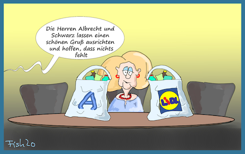 Cartoon: Preisdruck im Einzelhandel (medium) by Fish tagged lebensmittel,preisdruck,aldi,lidl,rewe,edeka,einzelhandel,bauern,merkel,klöckner,altmaier