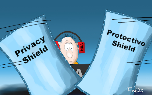 Cartoon: Privacy Shield gekippt (medium) by Fish tagged usa,eu,gericht,eugh,irland,privacy,shield,safe,harbour,protective,fish,nsa,snowden,geheimdienste,abhören,daten,verbraucher,datenschutz,europa