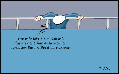 Cartoon: Salvini kommt nicht an Bord (medium) by Fish tagged italien,salvini,innenminister,flüchtlinge,immunität,parlament,staatsanwalt,staatsanwaltschaft,kapitän,mittelmeer,richter,urteil