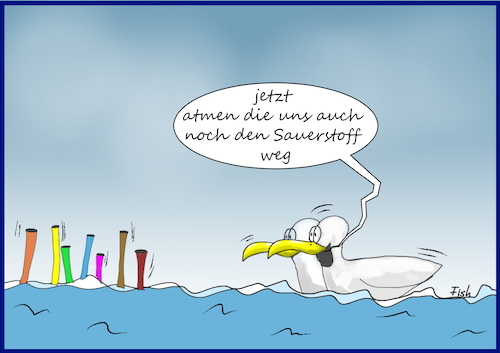 Cartoon: Sauerstoffgehalt der Meere sinkt (medium) by Fish tagged sauerstoffgehalt,sauerstoff,meere,fische,umwelt,klimawandel,verschmutzung,möven,tiere