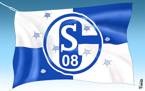 Cartoon: Schalke 08 (medium) by Fish tagged fussbal,bundesliga,bayern,münchen,schalke,04,verlieren,abstieg,flagge,malocher,einschusslöcher,debakel,erniedrigung,klatsche,demütigung,tripelsieger