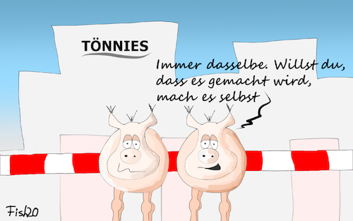 Cartoon: Schlachtstopp (medium) by Fish tagged schlachtstopp,gütersloh,corona,sars,cov,19,pandemie,fleisch,billigfleisch,werkverträge,arbeitsbedingungen,leiharbeiter,nidriglohn,wirtschaft,fleischwirtschaft,tönnies,clemens,fish